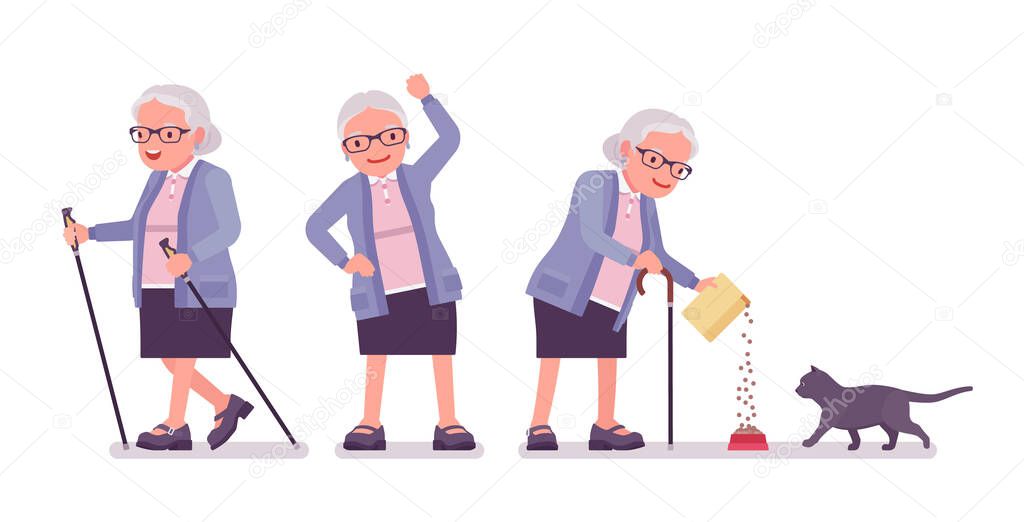 Old man, elderly person with nordic walking poles, pet cat