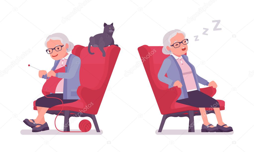 Old woman, elderly person resting in armchair, slleeping, reading book