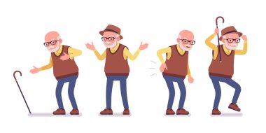 Yaşlı bir adam, bastonlu yaşlı bir adam kalbi ve sırtı ağrıyor.