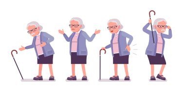 Yaşlı bir kadın, bastonlu yaşlı bir kadın, kalbi ve sırtı ağrıyor.