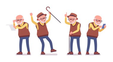 İhtiyar, bastonlu, cep telefonlu yaşlı bir adam.