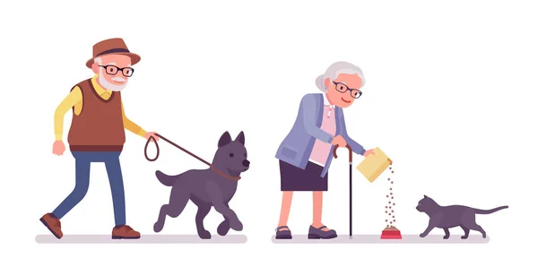Personas mayores, anciano, mujer paseando con perro, alimentando gato — Archivo Imágenes Vectoriales