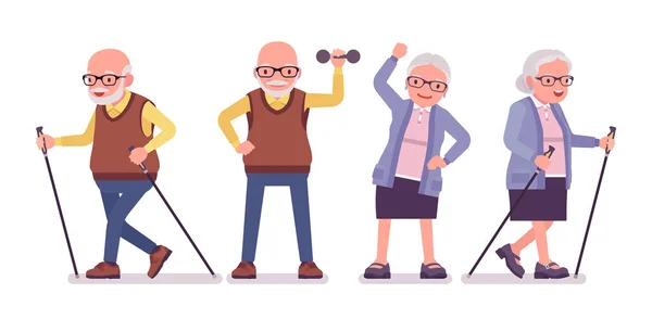 Old people, active elderly man, woman with nordic walking poles — Stock Vector