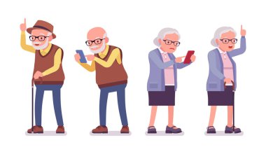 Yaşlı insanlar, yaşlı adam, bastonlu kadın, cep telefonu