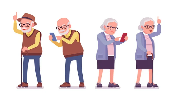 Yaşlı insanlar, yaşlı adam, bastonlu kadın, cep telefonu — Stok Vektör