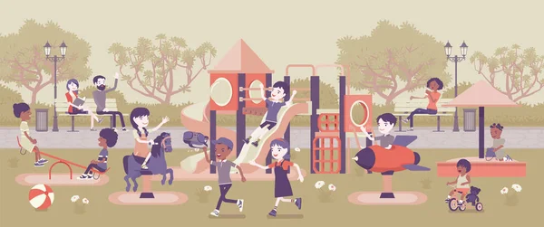 Kinder spielen auf dem Spielplatz, Spaß und Freizeit im Freien — Stockvektor