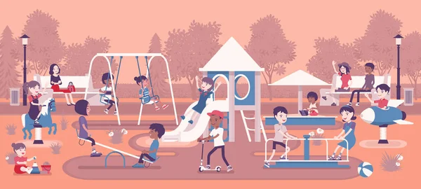 Glückliche Kinder spielen auf dem Spielplatz, Freizeit draußen — Stockvektor