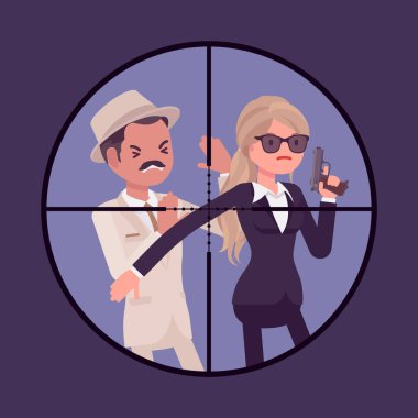 Bodyguard woman protecting important famous man in optical sniper sight clipart