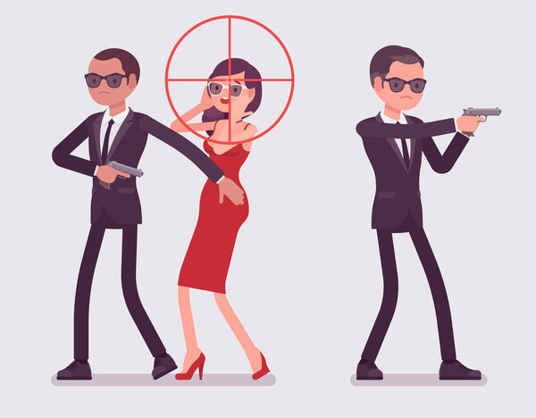 Телохранители мужчины защищают важную известную женщину в оптическом снайперском прицеле