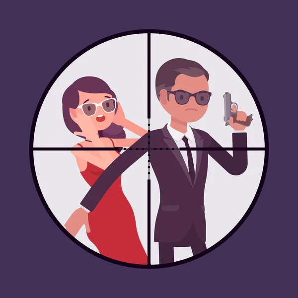 Homem guarda-costas protegendo mulher famosa importante na visão de atirador óptico — Vetor de Stock