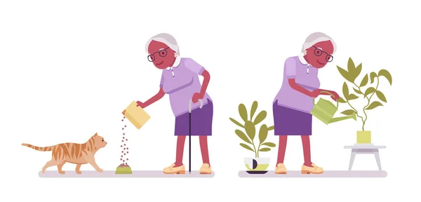 Mulher preta velha, pessoa idosa regando plantas, alimentando gato de estimação —  Vetores de Stock