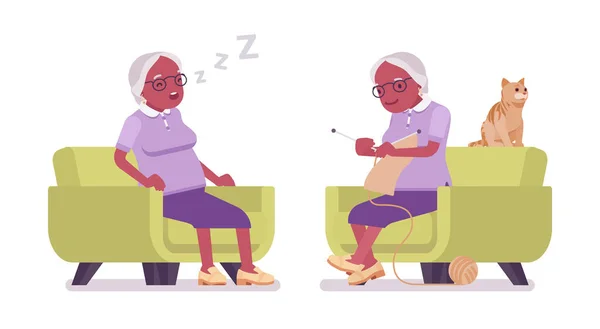 Alte schwarze Frau, ältere Person, die im Sessel strickt, schläft — Stockvektor