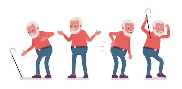 Oude man, bejaarde met rietstok met hart, rugpijn — Stockvector
