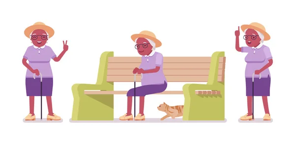 Old black woman, elderly person sitting on bench — Stock Vector