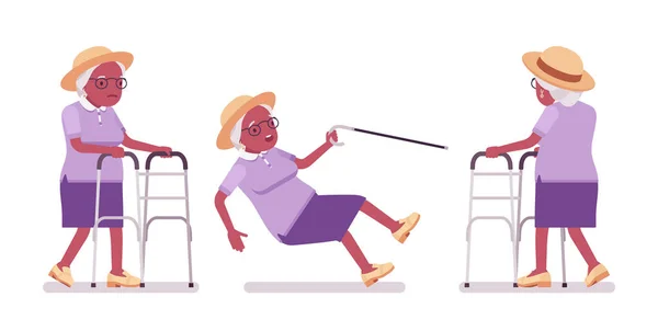 Alte schwarze Frau, ältere Person mit Rollator, Stock rutschig — Stockvektor