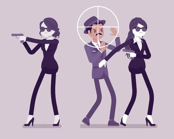Bodyguard kvinnor skyddar viktig berömd man, krypskytt optisk syn — Stock vektor