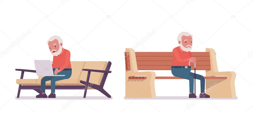 Old man, elderly person sitting on bench with laptop, cane