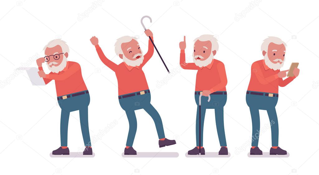 Old man, elderly person with cane, mobile phone