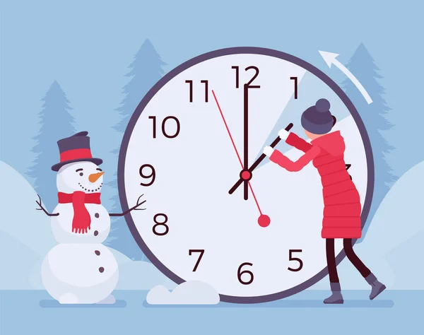 Γυναίκα μετατοπίζοντας το ρολόι για το χειμώνα — Διανυσματικό Αρχείο