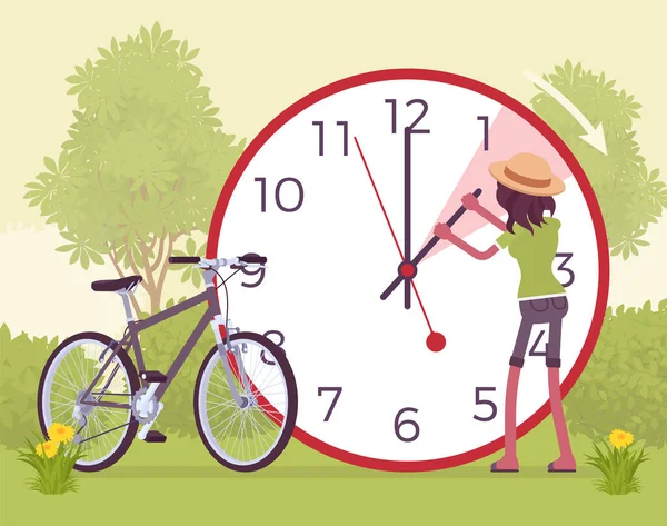 妇女为了节省白天的时间而改变时钟 — 图库矢量图片