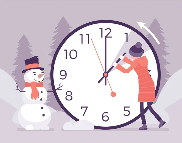 Γυναίκα μετατοπίζοντας το ρολόι για το χειμώνα — Διανυσματικό Αρχείο