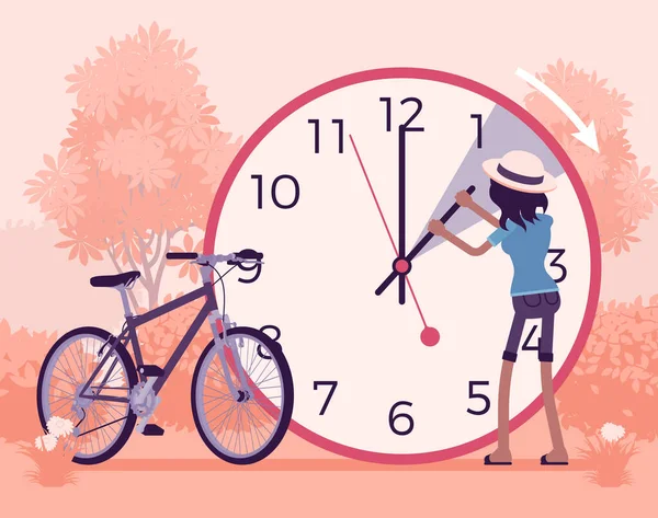 Woman shifting the clock for daylight savings time — Stock Vector