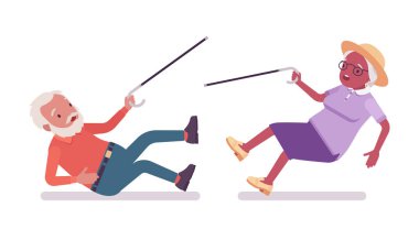 Yaşlı bir adam, yaşlı bir kadın ve kaygan bir kazada baston.