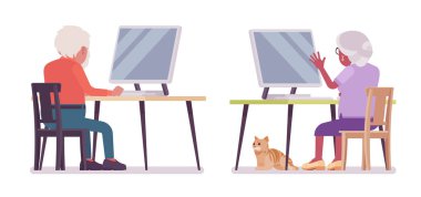 Yaşlı bir adam ve yaşlı bir kadın kişisel bilgisayar kullanıyor.