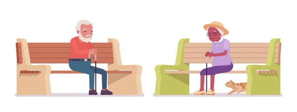 Alter Mann, ältere Frau sitzt mit Stock auf Bank — Stockvektor