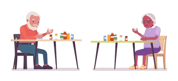 Старий, жінка похилого віку сортує ліки, пляшки для таблеток — стоковий вектор