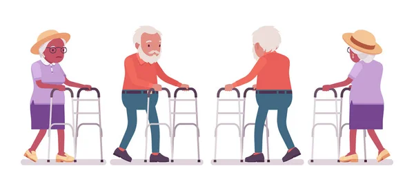 Γέρος, γυναίκα ηλικιωμένη με ιατρικό περιπατητή — Διανυσματικό Αρχείο