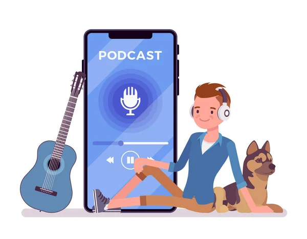 Στον νεαρό αρέσει να ακούει podcast σε smartphone — Διανυσματικό Αρχείο