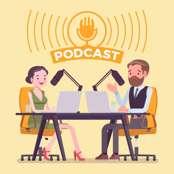 Grabación de podcast, personalidades exitosas de los medios de comunicación en discusión, programa de conversación — Vector de stock