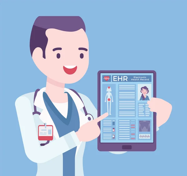 Elektronický zdravotní záznam, EHR digitální tabulka pacientů, mužský lékař — Stockový vektor