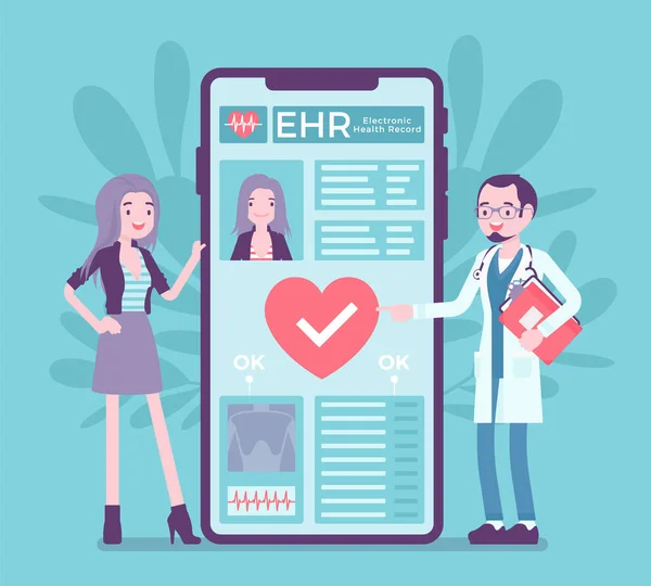 Elektronický zdravotní záznam, EHR digitální pacientská karta přes smartphone — Stockový vektor