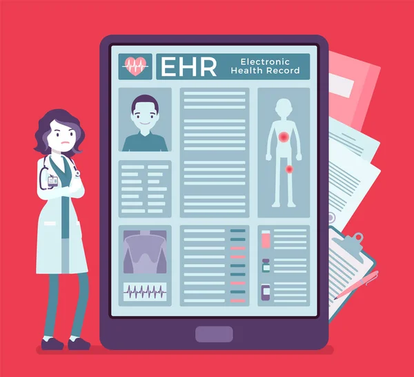 Elektronické zdravotní záznamy, EHR digital patient tablet chart, female doctor — Stockový vektor