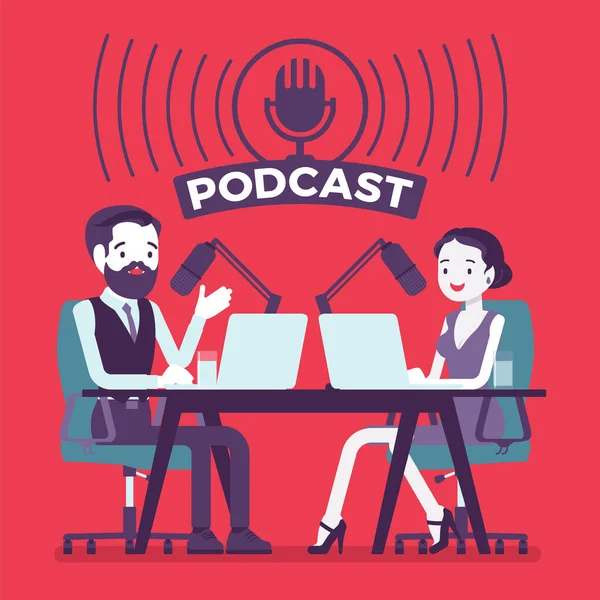 Grabación de podcast, personalidades exitosas de los medios de comunicación en discusión, programa de conversación — Vector de stock