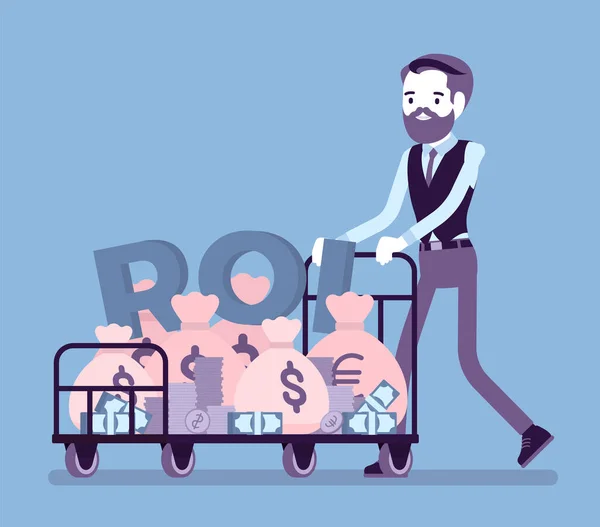 Повернення на інвестиції, ROI, бізнесмен штовхає тролейбус повний готівки — стоковий вектор