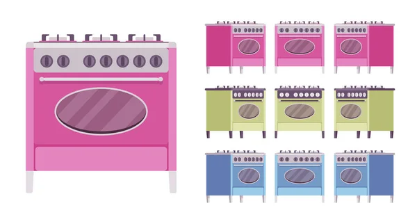 Retro stove bright set, kitchen appliance with vintage design — Stockvector