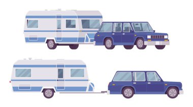 Kamp karavanı mavi araba, aile kamp gezisi için örtülü vagon.