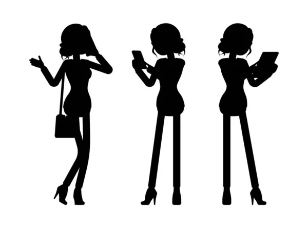 Silhouette de femme d'affaires, employée de bureau avec téléphone, tablette — Image vectorielle
