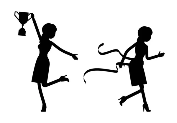 Weibliche schwarze Silhouette, Geschäftsfrau oder Büroangestellte Siegerlauf, Sieg — Stockvektor