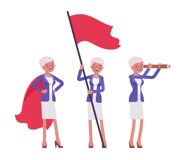Atractiva anciana, anciana empresaria capa roja, con bandera, catalejo — Vector de stock