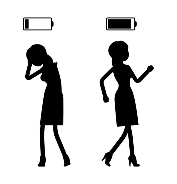 Silhouette féminine noire, femme d'affaires ou employée de bureau vide, pleine, batterie — Image vectorielle