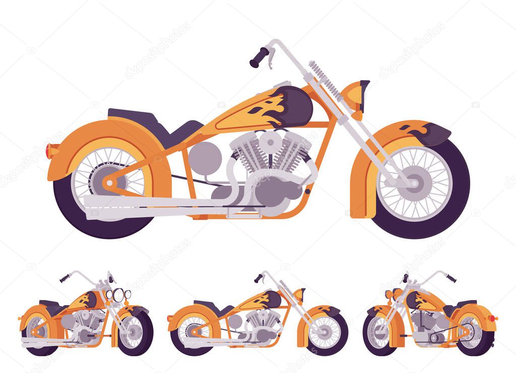 Chopper custom fire decor classic motorcycle, bobber bike. Fast motorsport, high speed sport vehicle. Vector flat style cartoon illustration isolated on white background, different views and positions