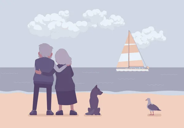 Aktivní senioři, starší lidé stojící na pláži v objetí, vzadu — Stockový vektor