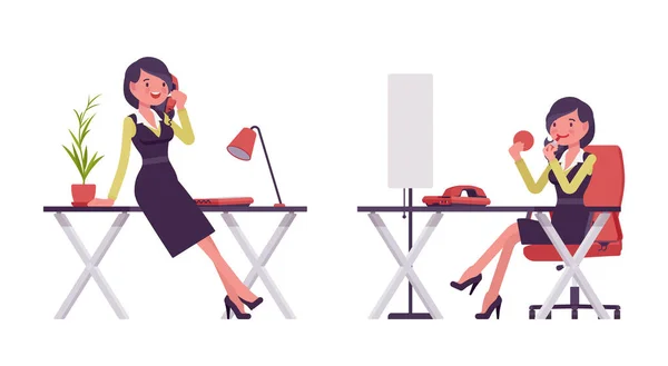 Affärskvinna i sekreterare kontor klänning chatta på telefon, tillämpa makeup — Stock vektor