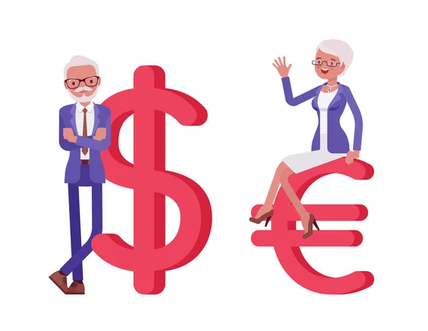 Pohledný starý muž, žena starší podnikatelé s obřím dolarem, euro — Stockový vektor