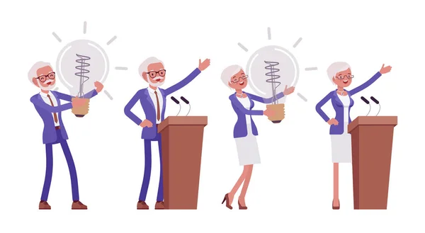 Jóképű öregember, nő, idős üzletemberek villanykörtével, tribunus — Stock Vector