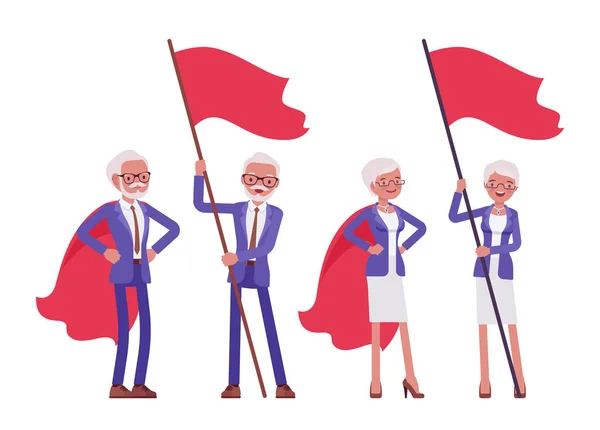 Beau vieil homme, femme vieux hommes d'affaires en manteau rouge, drapeau — Image vectorielle